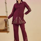 Nazm Wine Floral Embroidered Cotton Collar Short Co-ord Set