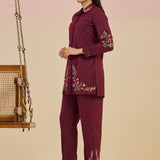 Nazm Wine Floral Embroidered Cotton Collar Short Co-ord Set