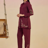 Nazm Wine Floral Embroidered Cotton Collar Short Co-ord Set