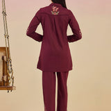 Nazm Wine Floral Embroidered Cotton Collar Short Co-ord Set