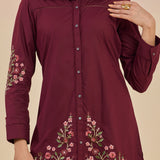 Nazm Wine Floral Embroidered Cotton Collar Short Co-ord Set