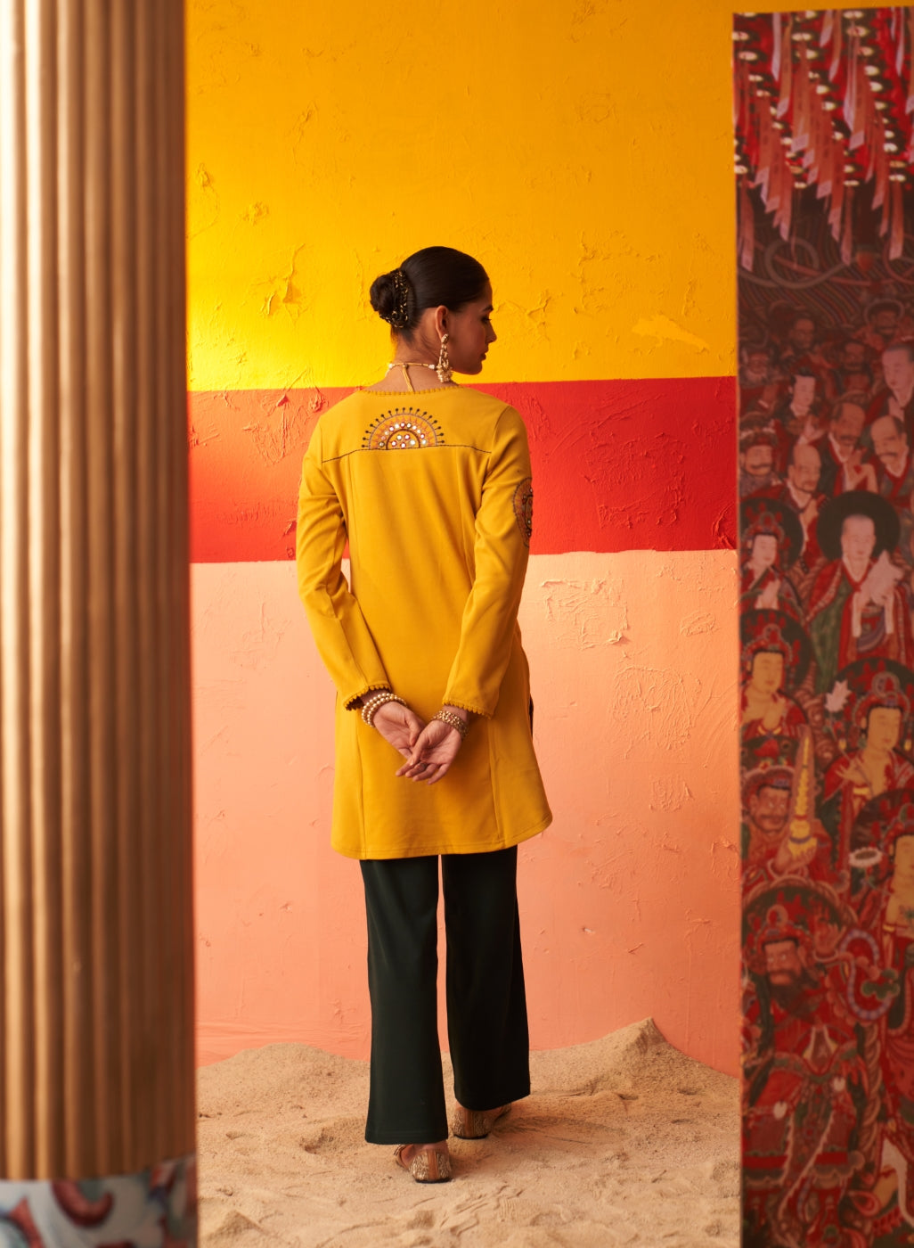 Mustard Embroidered Woollen Kurti for Women with Mirror Work