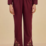 Nazm Wine Floral Embroidered Cotton Collar Short Co-ord Set