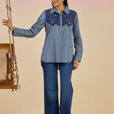 Anya Blue Chambray Applique Collar Kurti