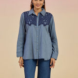 Anya Blue Chambray Applique Collar Kurti