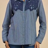 Anya Blue Chambray Applique Collar Kurti