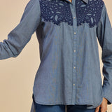 Anya Blue Chambray Applique Collar Kurti