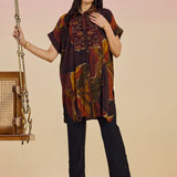 Clement Dark Brown Abstract Printed Collared Kaftan Tunic
