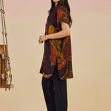 Clement Dark Brown Abstract Printed Collared Kaftan Tunic