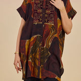 Clement Dark Brown Abstract Printed Collared Kaftan Tunic