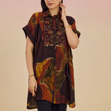 Clement Dark Brown Abstract Printed Collared Kaftan Tunic