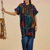 Clement Ink Blue Abstract Printed Collared Kaftan Tunic