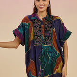 Clement Ink Blue Abstract Printed Collared Kaftan Tunic