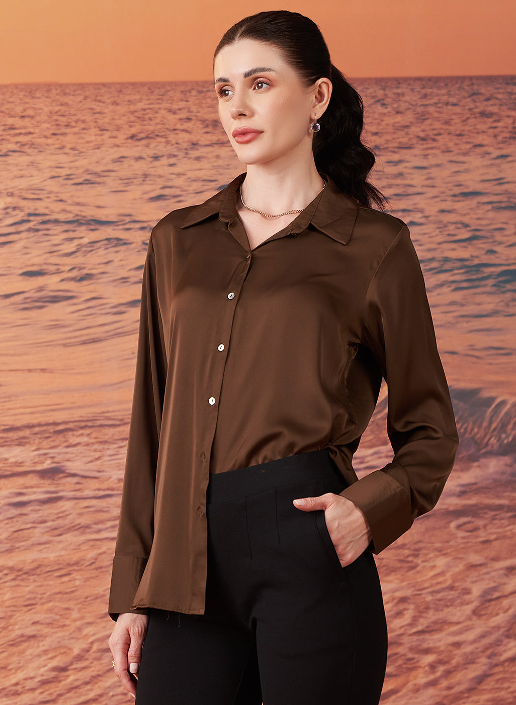 Cecelia Brown Satin Shirt for Women Lakshita Cecelia Brown Satin Shirt for Women Lakshita