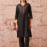 Aayina Classic Black Cotton Blend Mirrorwork V-neck Straight Long Kurta Set