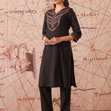 Aayina Classic Black Cotton Blend Mirrorwork V-neck Straight Long Kurta Set