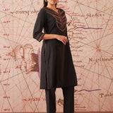 Aayina Classic Black Cotton Blend Mirrorwork V-neck Straight Long Kurta Set