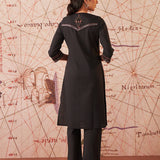 Aayina Classic Black Cotton Blend Mirrorwork V-neck Straight Long Kurta Set