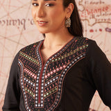 Aayina Classic Black Cotton Blend Mirrorwork V-neck Straight Long Kurta Set