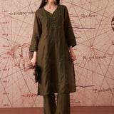 Jashn Olive Self Embroidered Satin V-neck Straight Co-ord Set