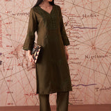 Jashn Olive Self Embroidered Satin V-neck Straight Co-ord Set
