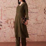 Jashn Olive Self Embroidered Satin V-neck Straight Co-ord Set