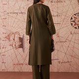 Jashn Olive Self Embroidered Satin V-neck Straight Co-ord Set