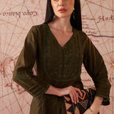 Jashn Olive Self Embroidered Satin V-neck Straight Co-ord Set