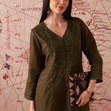 Jashn Olive Self Embroidered Satin V-neck Straight Co-ord Set