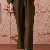 Jashn Olive Self Embroidered Satin V-neck Straight Co-ord Set