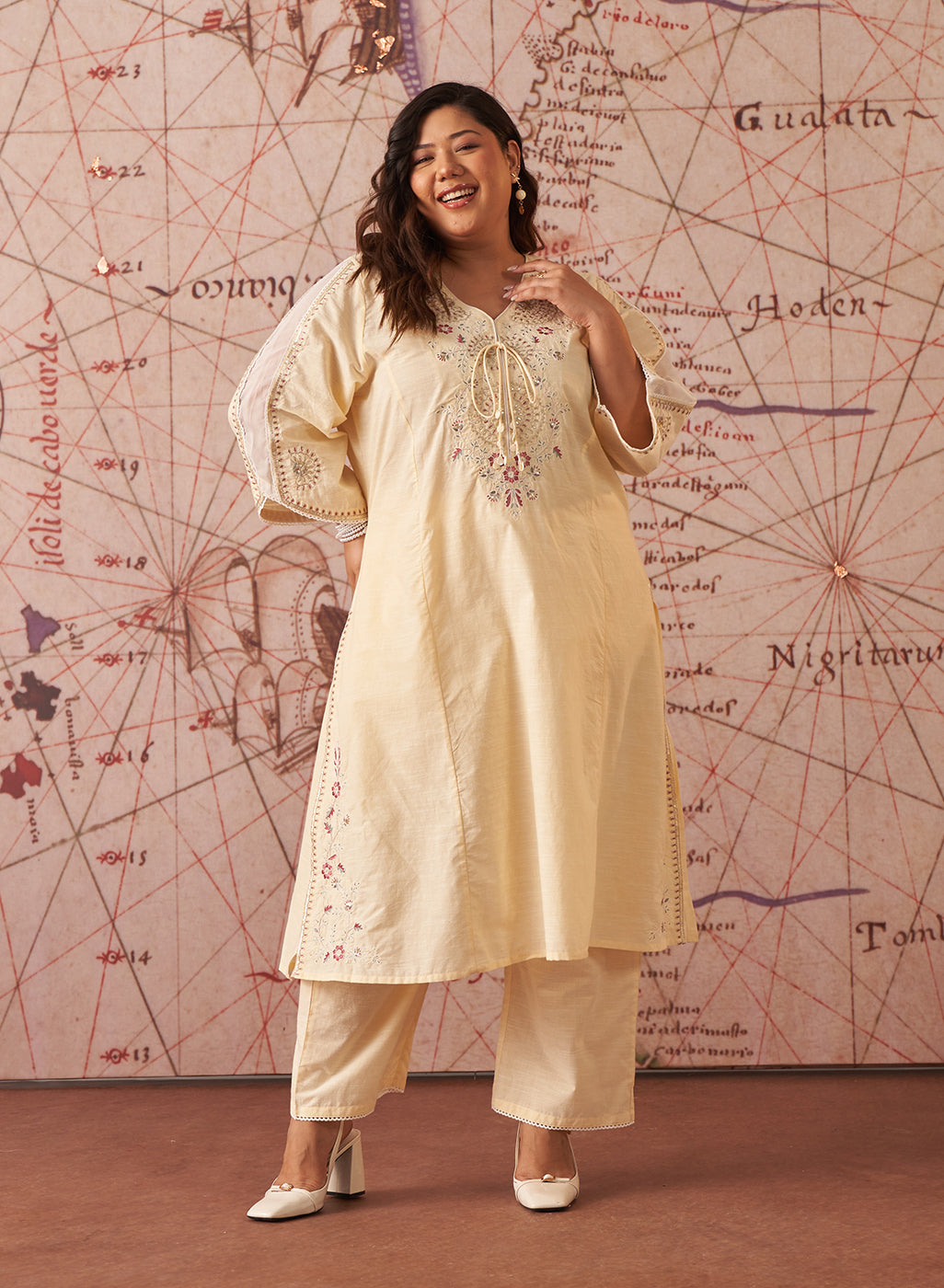 Elora Yellow Embroidered Chambray Co-ord Set for Women