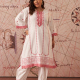 Kiana Pink Currant Embroidered Cotton Dobby Kurta Set for Women