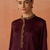 Trisha Maroon Embroidered Satin Kurti for Women