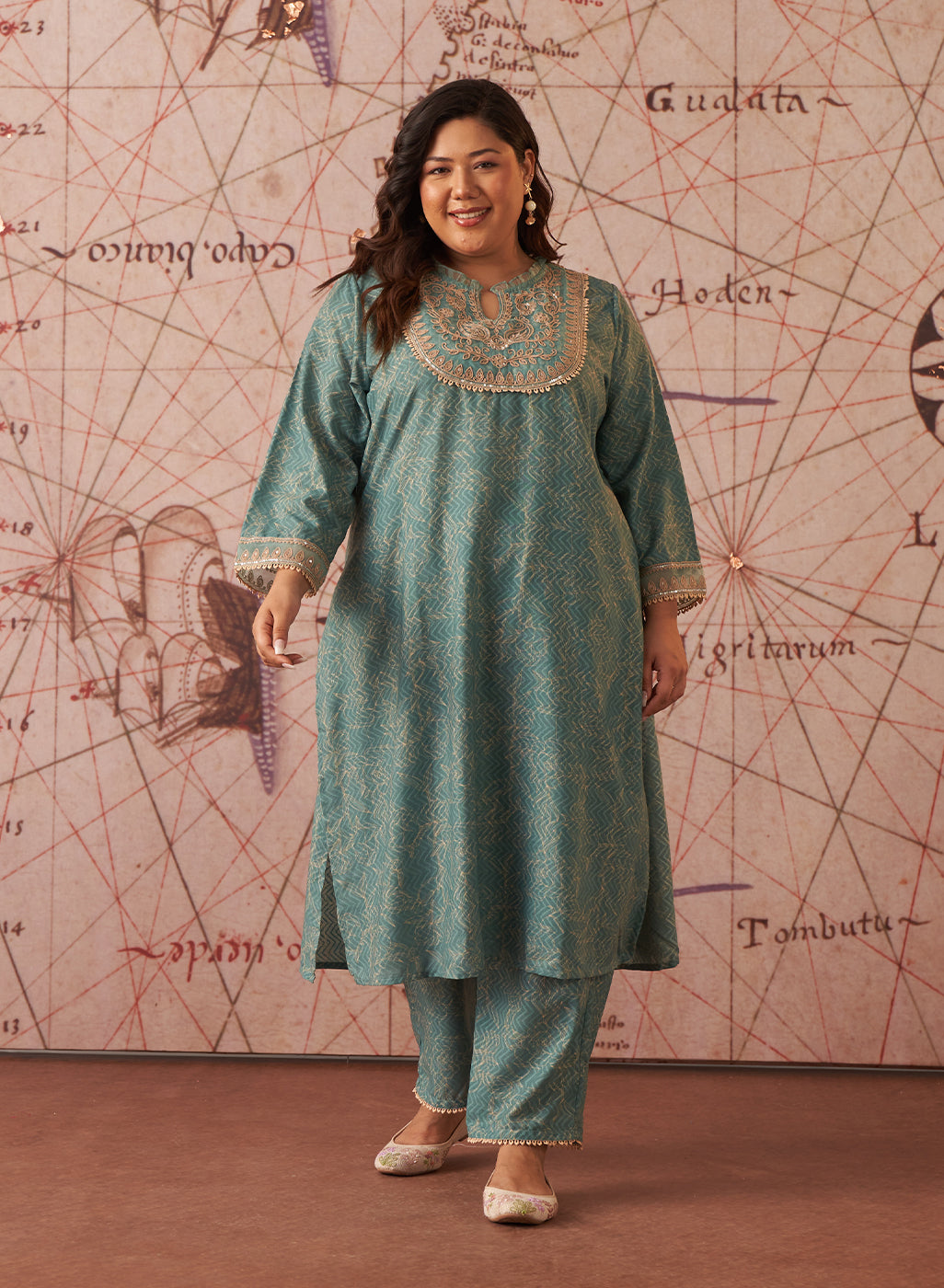 Sama Sea Green Printed Cotton Jacquard Co-ord Set for Women