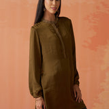 Trisha Olive Embroidered Satin Kurti for Women