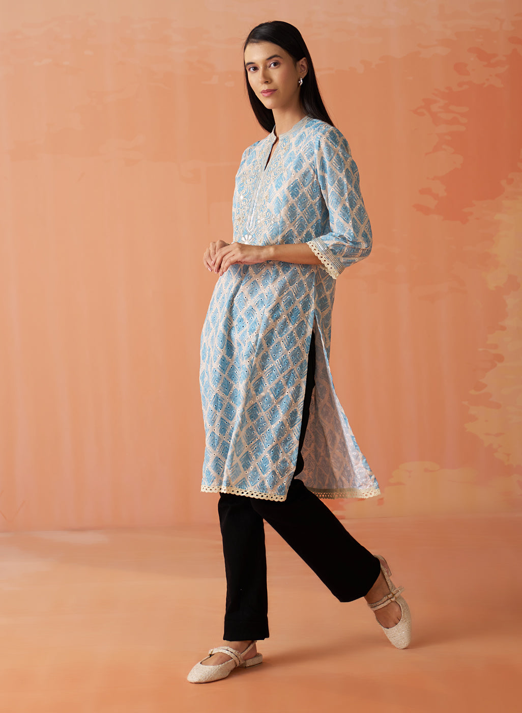 Yumna Green Embroidered Schiffli Kurti for Women