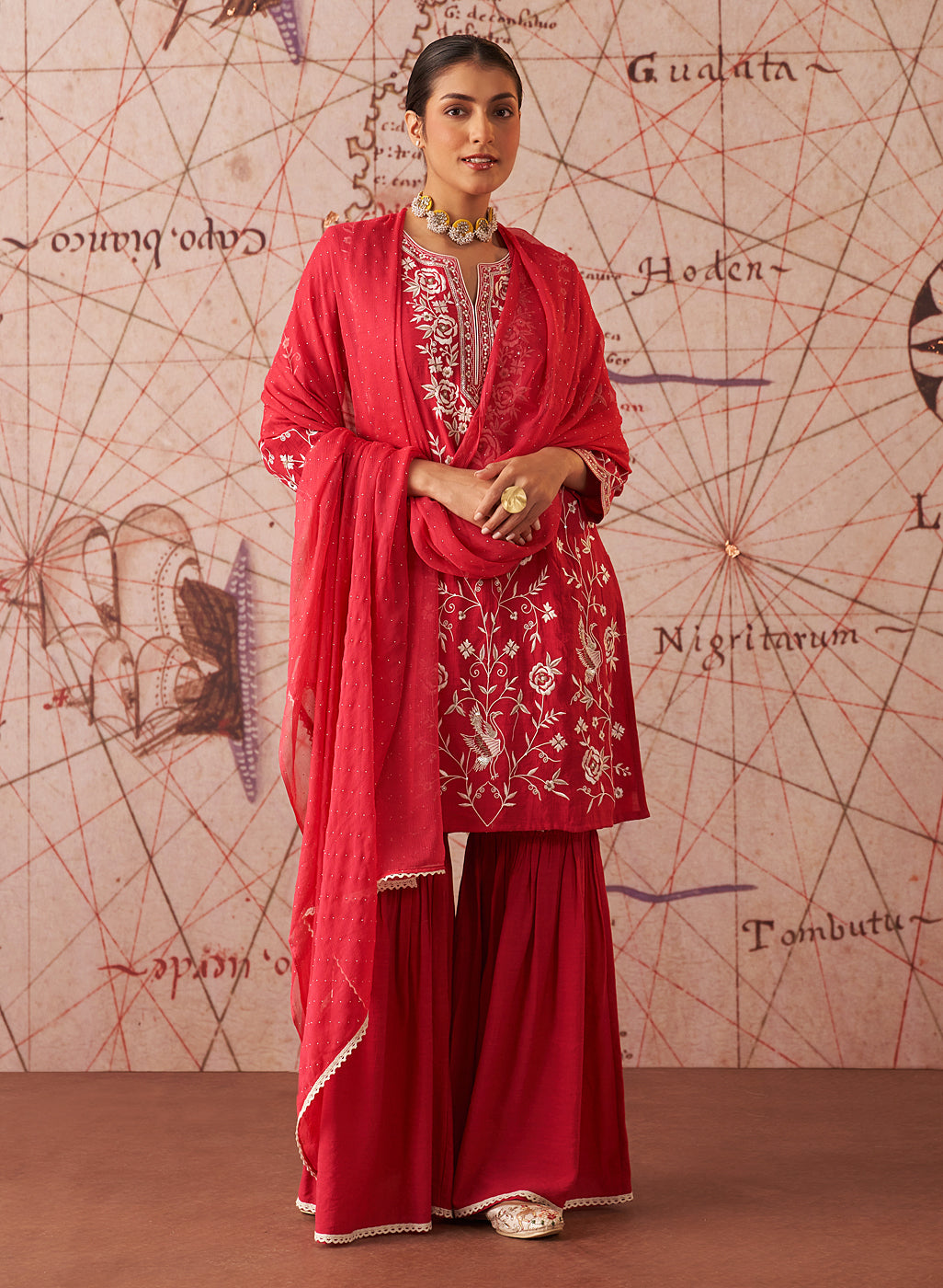 Joy Carmine Red Embroidered Rayon Salwar Kurta Dupatta Set for Women