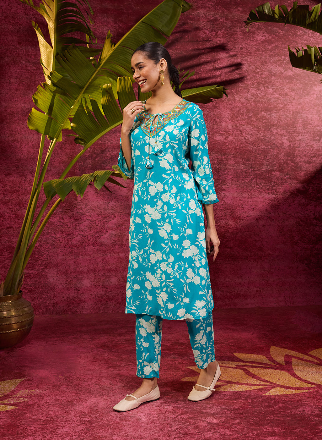 Blue rayon kurta set for women with intricate aari embroidery