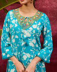 Blue rayon kurta set for women with thread embroidery on the neck