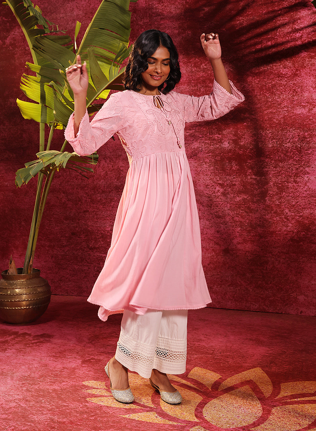 Chandni Blush Pink Embroidered Crinkled Viscose Georgette Designer Dress for Women