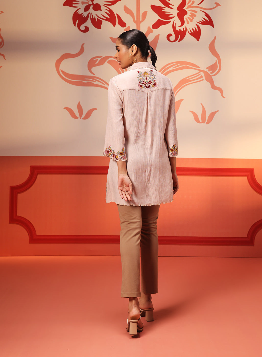 Malika Salmon Pink Embroidered Crinkled Crepe Long Shirt for Women