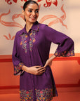 Malika Purple Embroidered Crinkled Crepe Long Shirt for Women