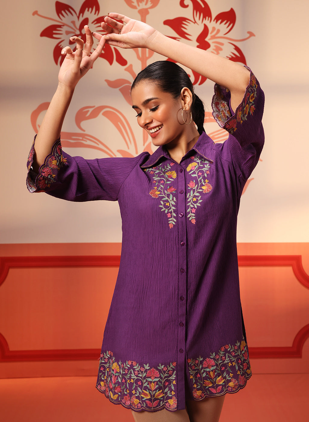 Malika Purple Embroidered Crinkled Crepe Long Shirt for Women
