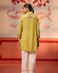 Malika Apple Green Embroidered Crinkled Crepe Long Shirt for Women