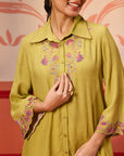 Malika Apple Green Embroidered Crinkled Crepe Long Shirt for Women