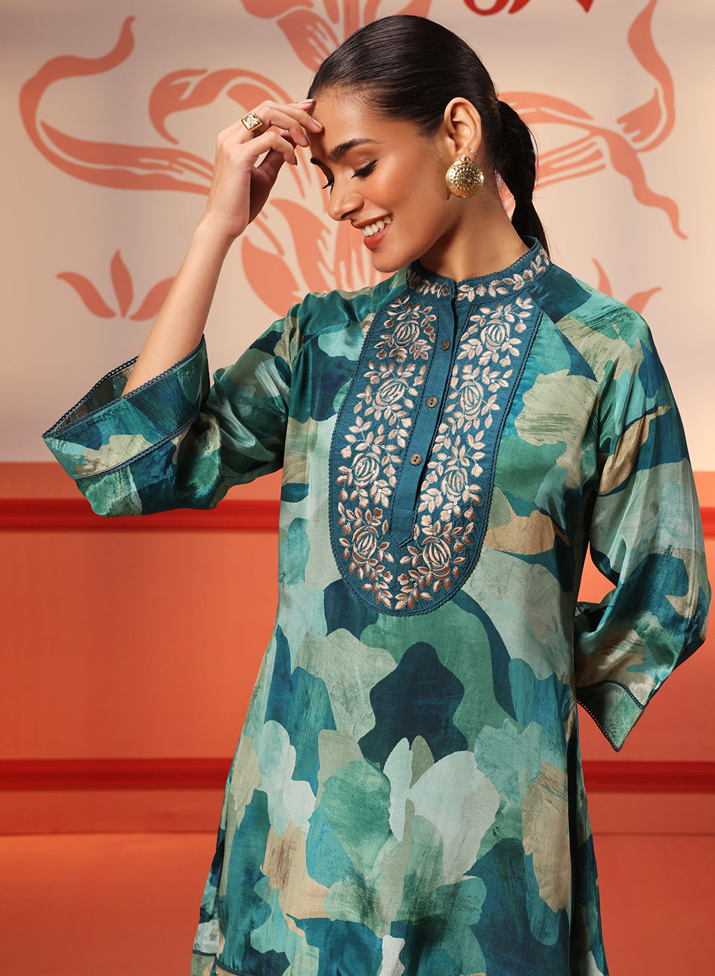 Kinza Blue Crepe Printed Long Top for Women