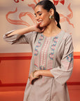 Naaznin Mushroom Grey Embroidered Striped Cotton Top for Women