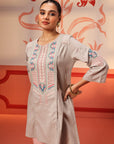 Naaznin Mushroom Grey Embroidered Striped Cotton Top for Women