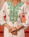 Jannat Ivory Embroidered Cotton Linen Designer Kurta Set
