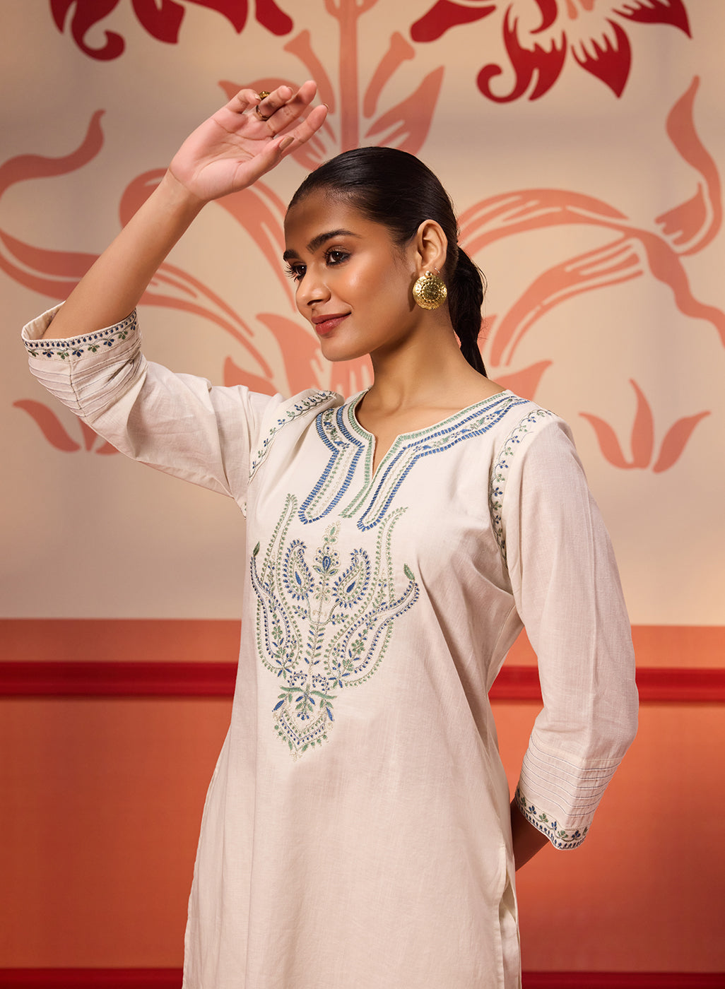 Khurshid Ivory Embroidered Cotton Linen Designer Kurta Set for Women